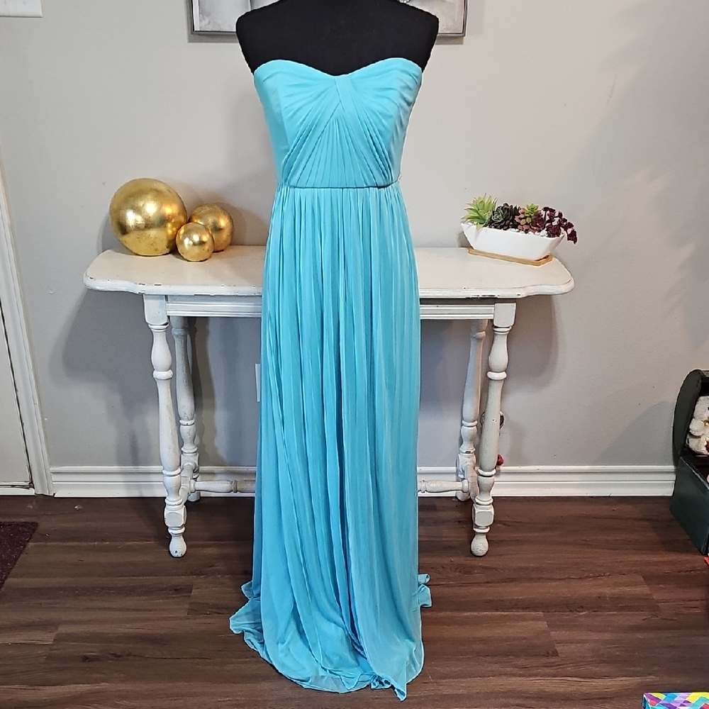 👗 David's Bridal Aqua Blue Strapless Pleated Formal Gown Dress 10